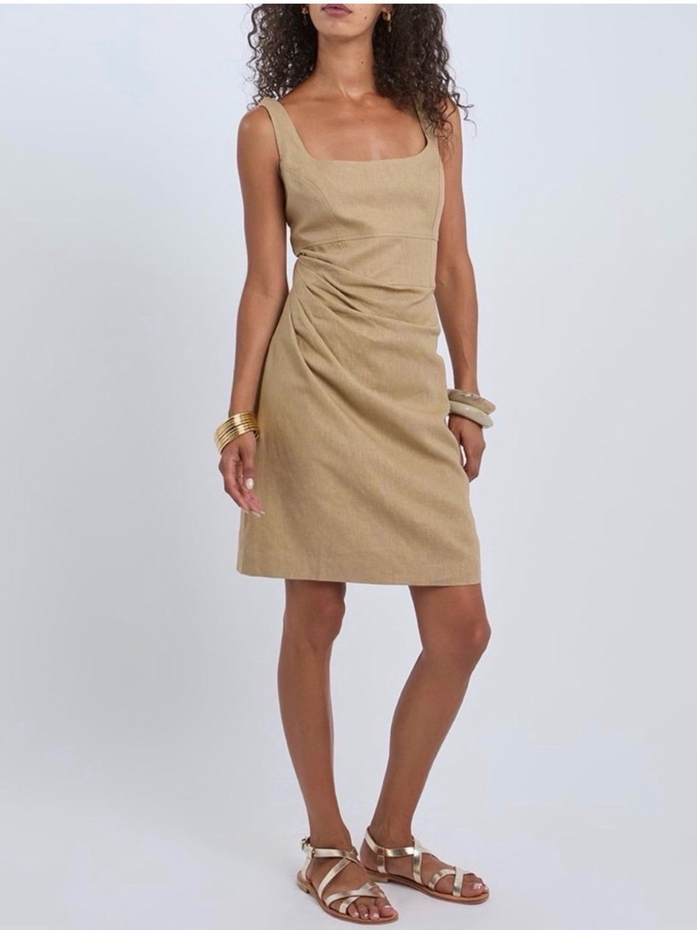 Reiss Tan Square-Neck Ruched Mini Dress